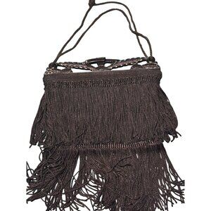 Vintage Black Beaded Fringe Handbag Purse With Cord Handle & Decorative Plastic